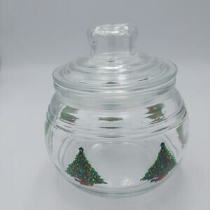 Vintage KIG Indonesia Clear Glass w Christmas Trees Print Round Lidded Jar 4.75"